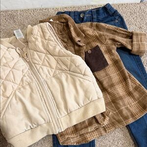 Cream Quilted Vest and Brown Plaid Shirt with Blue Jeans Set